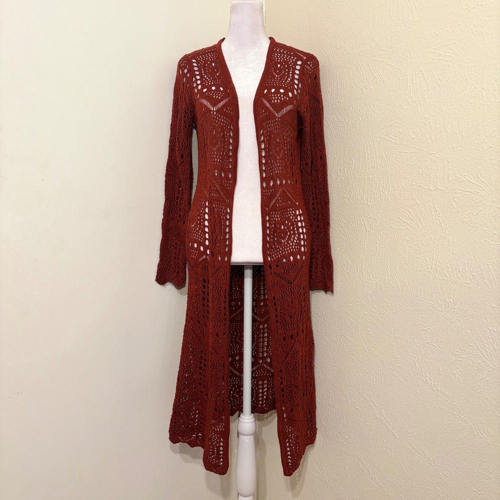Y2K Rue21 Rust Red Orange Crochet Knit Duster Cardigan Longline Open Front XS